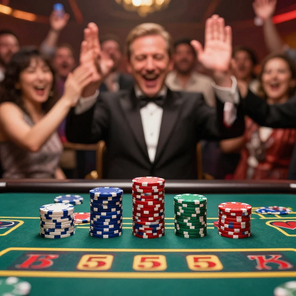 Stacks of colorful poker chips multiplying fivefold eightfold on betting table golden payouts for five xiao niu wins joyful winner highfiving amid cheering crowd