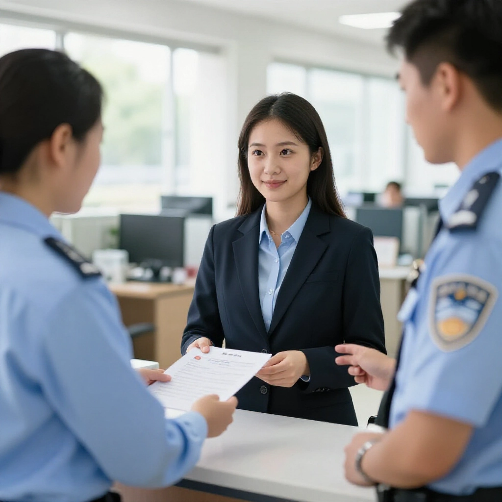 professional Taiwanese job seeker standing at police station counter presenting ID card to officer for criminal record certificate issuance with bright natural light filtering through windows and organized office background