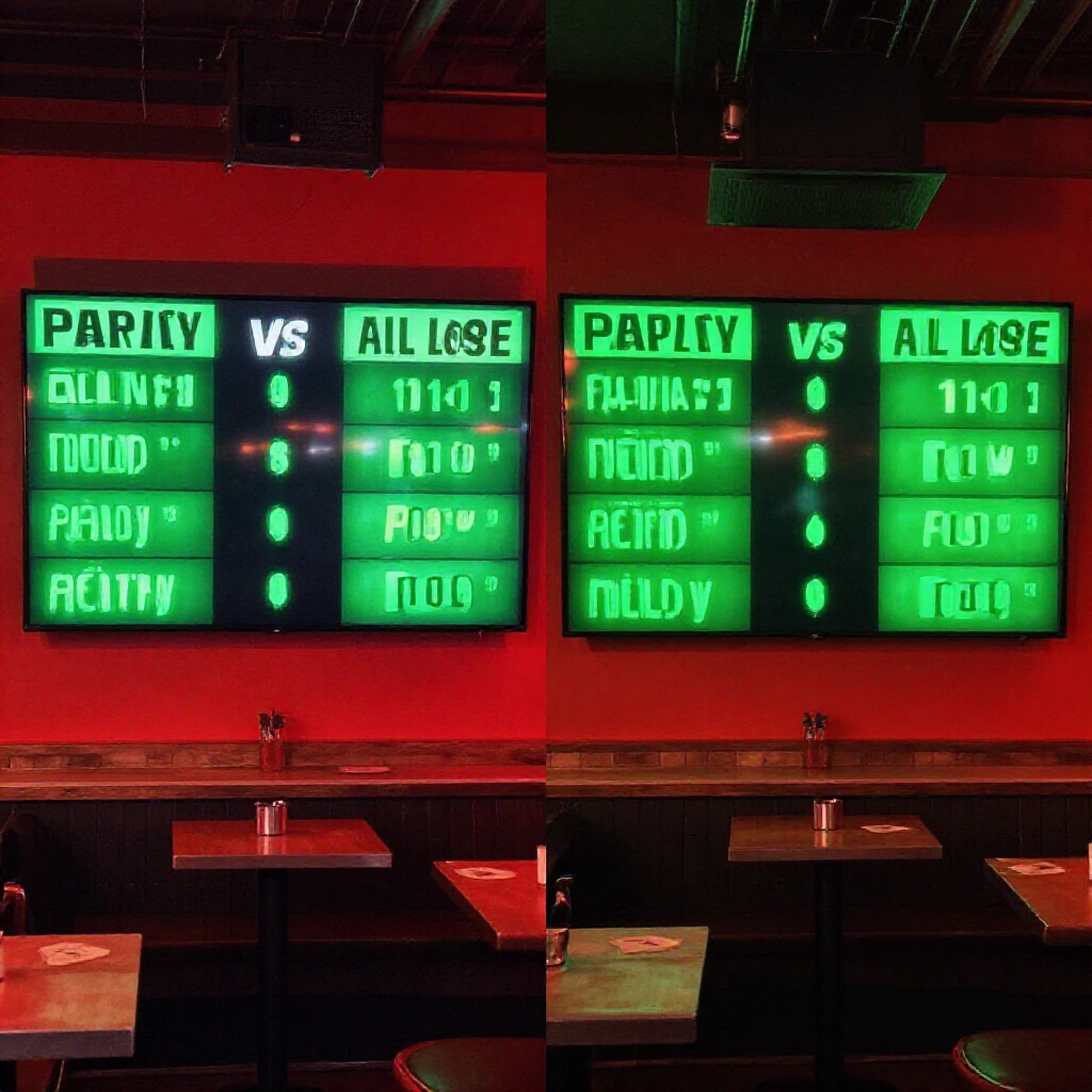 Visual split screen contrasting full parlay all lose scenario in red with combo parlay partial wins in green glowing screens in modern sports bar atmosphere
