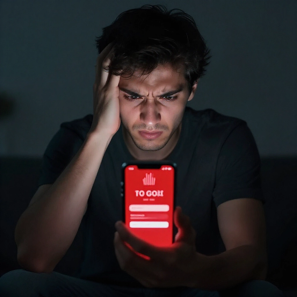 Frustrated young man in dark room holding smartphone displaying red login error alert with network signal bars fluctuating intensely