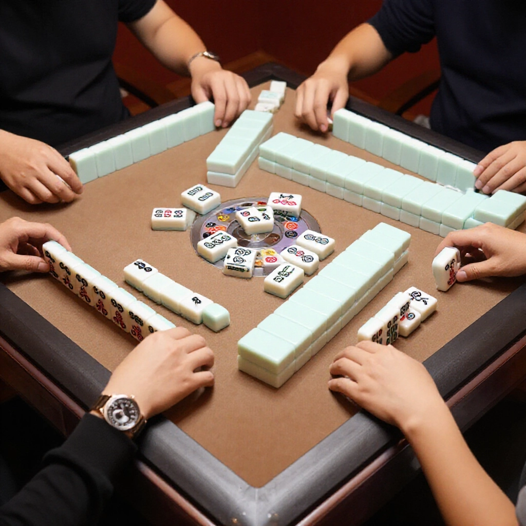 Taiwanese southern mahjong table setup with 136 plain tiles no flowers four players focused on pure hand structures calculating tile probabilities under strict no flower rules warm lighting tense atmosphere