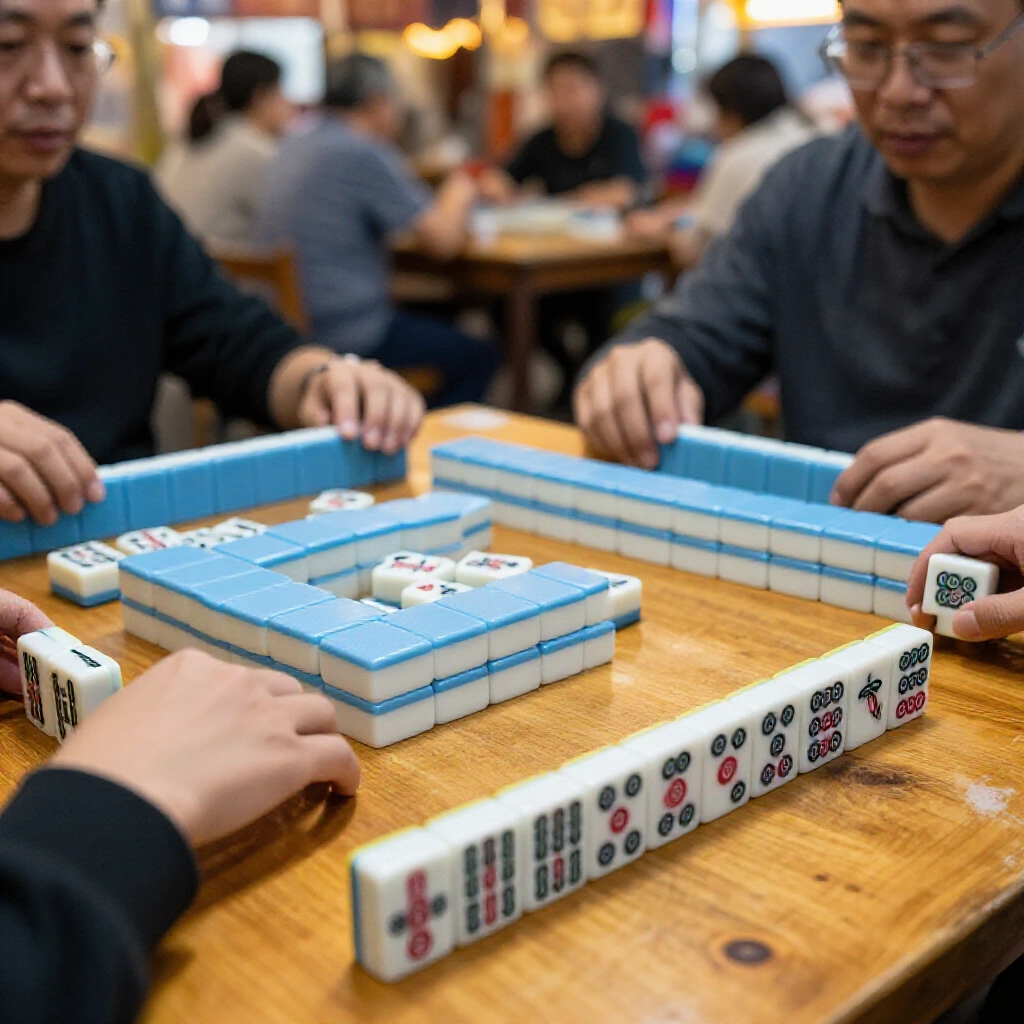 夜市木桌特寫，兩副麻將牌一手13張一手16張，玩家專注比對策略