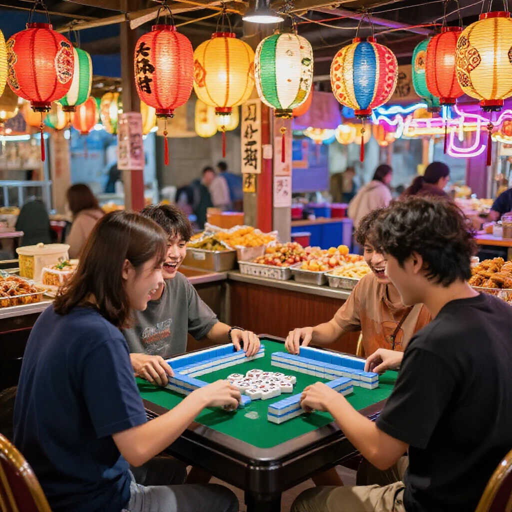 熱鬧台灣夜市攤位，兩個興奮玩家圍小麻將桌，周遭掛彩燈和小吃，只用筒子索子牌，在霓虹燈下玩得起勁