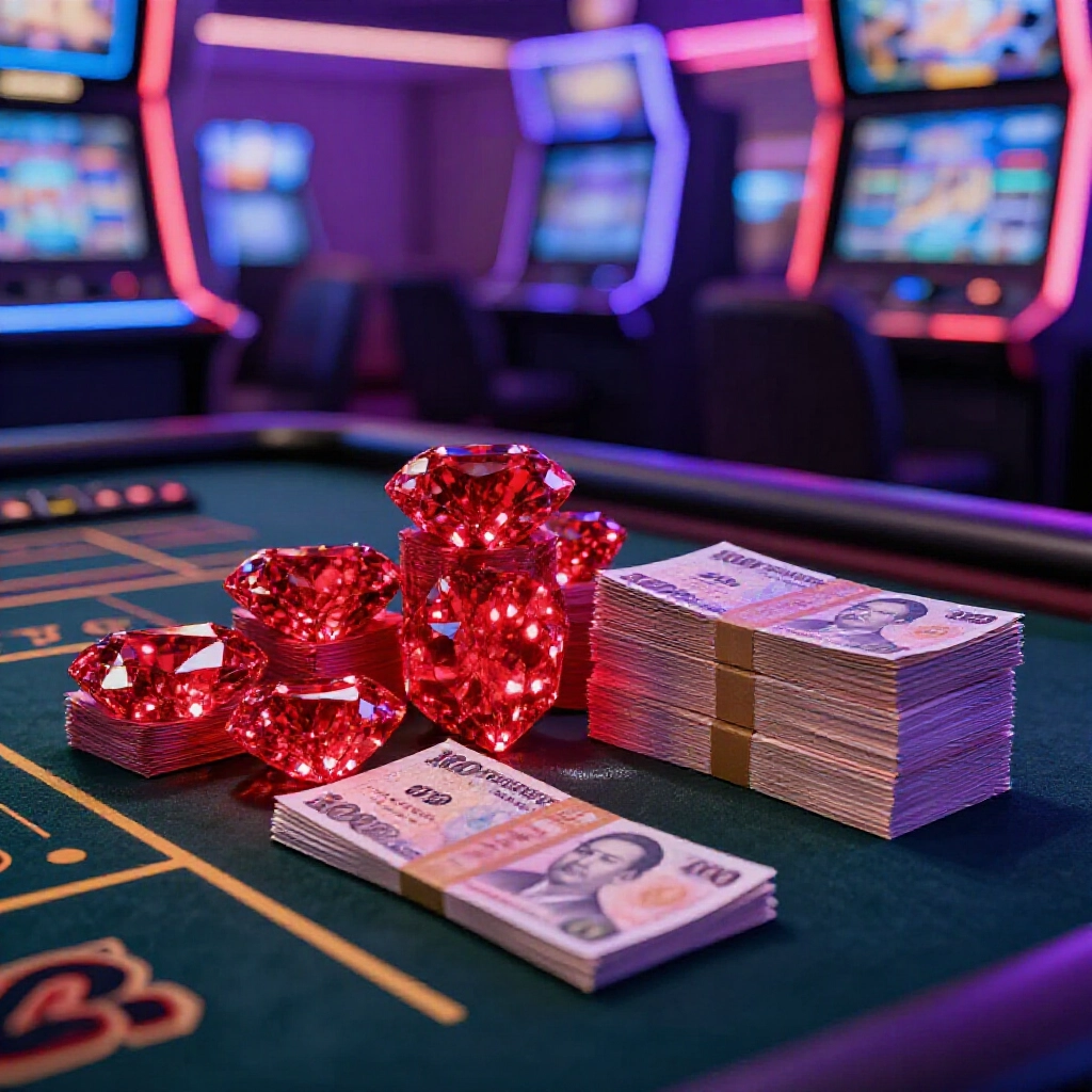 Vibrant casino scene with glowing red diamonds stacked beside stacks of new taiwan dollar bills on a luxurious gaming table surrounded by colorful slot machines and soft neon purple lighting creating an exciting atmosphere