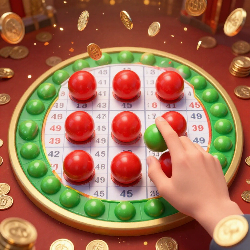 Dynamic number selection metaphor with hands picking six red balls from 49 grid and one green from eight circle surrounded by jackpot coins raining down in festive atmosphere