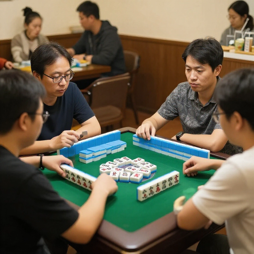 兩組麻將玩家爭論計分,一方秀台北規則三台總數,另一方中南部四台變體,牌散開來,緊張表情,咖啡廳柔光