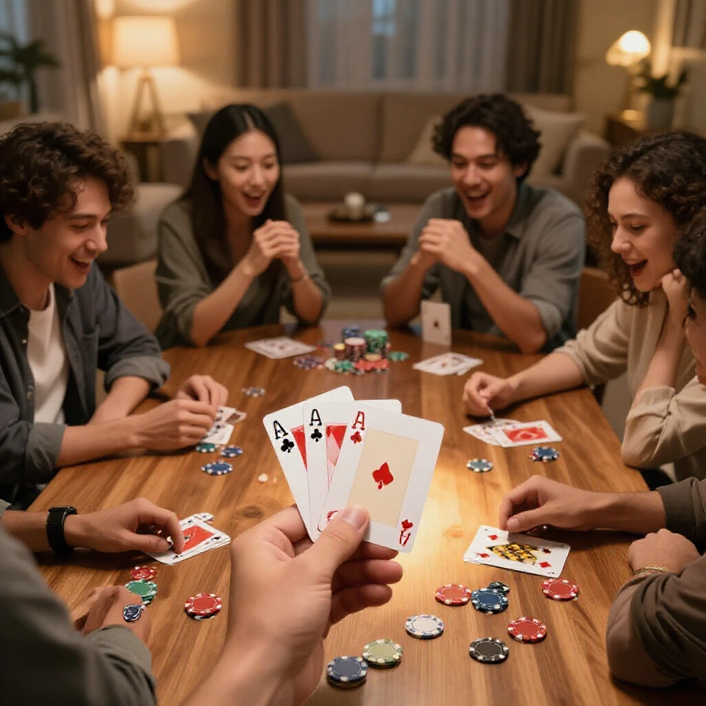 four players around a wooden table in a cozy living room playing big two cards with spotlights on a hand holding clubs three and three other threes plus a kicker card excited expressions and scattered poker chips warm ambient lighting