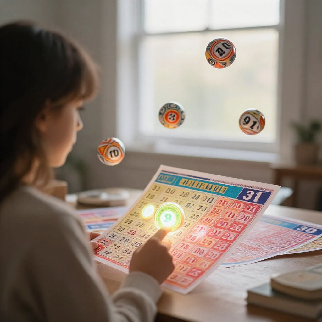 lottery enthusiast in cozy room selecting three glowing numbers from 01 to 39 on vibrant ticket five drawn balls floating nearby soft morning light filtering through window creating hopeful atmosphere