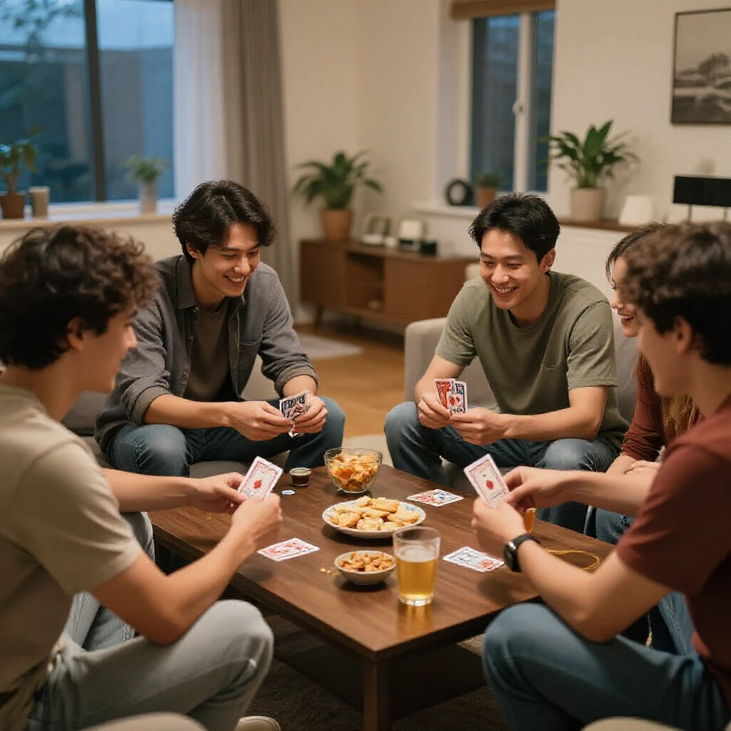 年輕人穿休閒衣，笑鬧比牌，咖啡桌上有零食飲料，公寓裡晚間柔光灑落