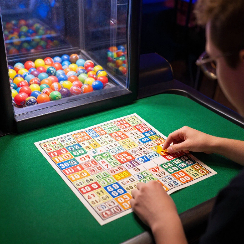 colorful bingo bingo lottery ticket with six selected numbers from 01 to 80 on a green table under spotlights twenty drawn balls spinning in a transparent machine excited player checking matches