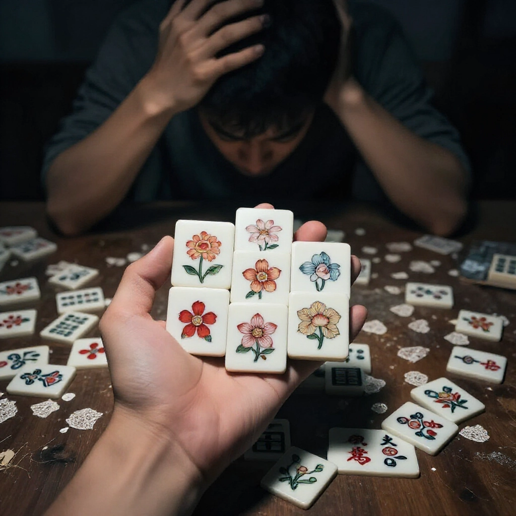玩家握七張花牌夢七搶一卻搖頭，昏暗燈光下桌面雜亂，安全棄牌散落