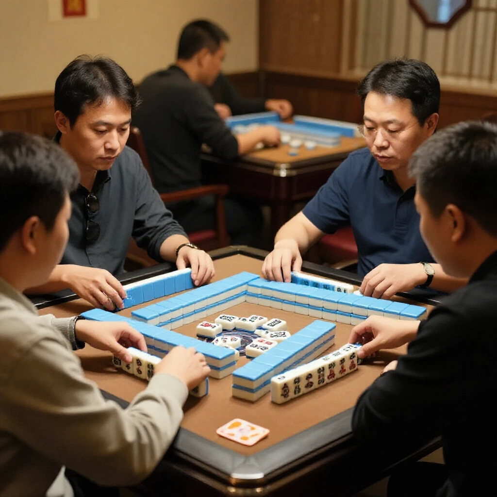 四位玩家圍傳統台灣麻將桌，昏黃燈光營造緊張氣氛，一人聽到贏牌卻不吃進入過水狀態，手牌細節豐富，表情生動寫實