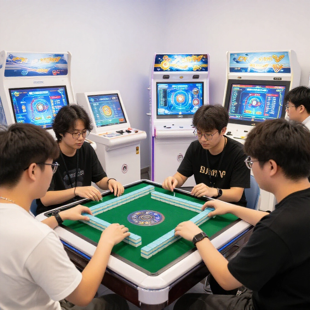 Game developers in bright studio collaborating on proxy game localization for Korean IPs and selfdeveloped arcade machines like mahjong tables with screens showing market share data