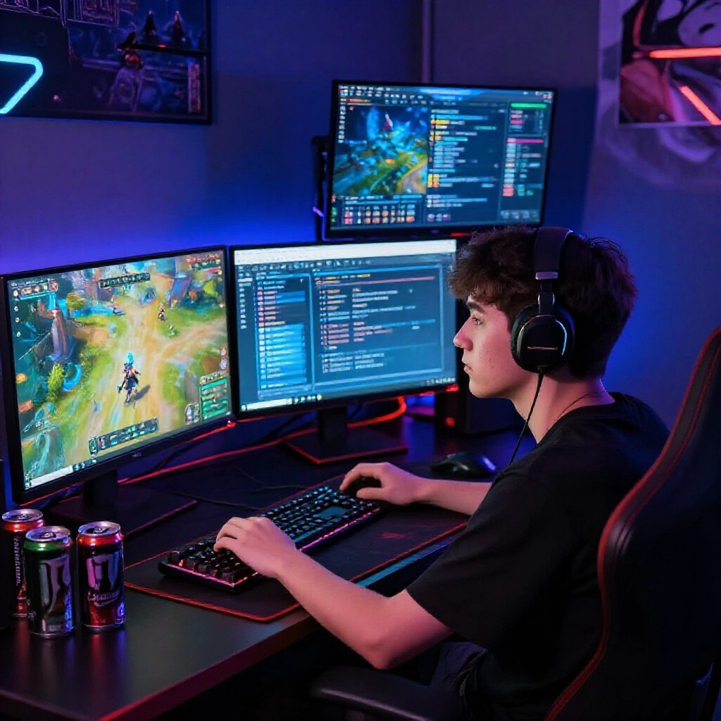 a young gamer sitting at a cluttered desk with multiple screens showing vibrant game interfaces and PTT forums discussing earnings surrounded by dim neon lights and scattered energy drink cans evoking curiosity and skepticism