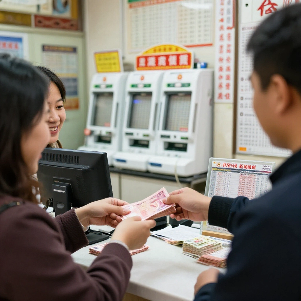 台灣彩票店裡，笑瞇瞇的客戶從櫃檯領一疊現金，背景有彩票機跟海報，白天熱鬧氛圍