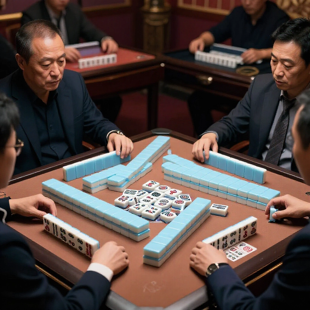 庄家 position highlighted on mahjong table with chain counters stacking up banker draws selfmop tile total fans multiplying to eight or ten dramatic lighting tense opponents faces calculating payouts