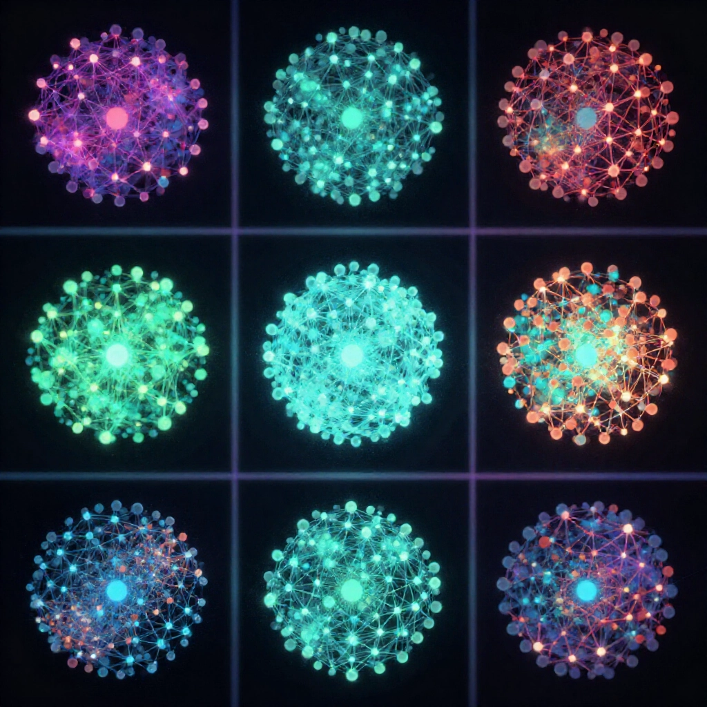 Abstract probability grid illustrating number clustering effects with glowing connected balls representing local correlations in dark space vibrant particle flows dynamic motion
