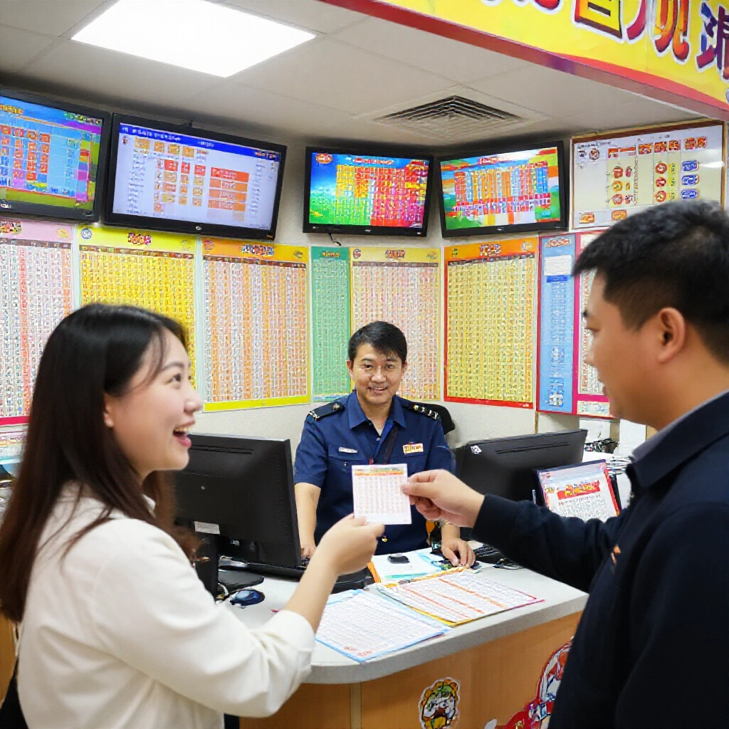台灣運彩投注站內部，一位興奮客戶拿著中獎彩券給穿制服的店員，背景滿是彩色彩票展示和螢幕，燈光亮堂