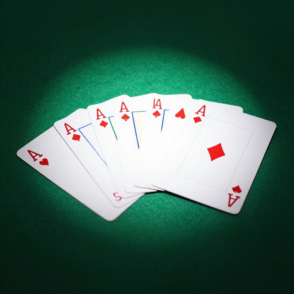Closeup of five low poker cards aces twos threes fours on green felt table dramatic spotlight highlighting tiny numbers summing under ten tense casino atmosphere