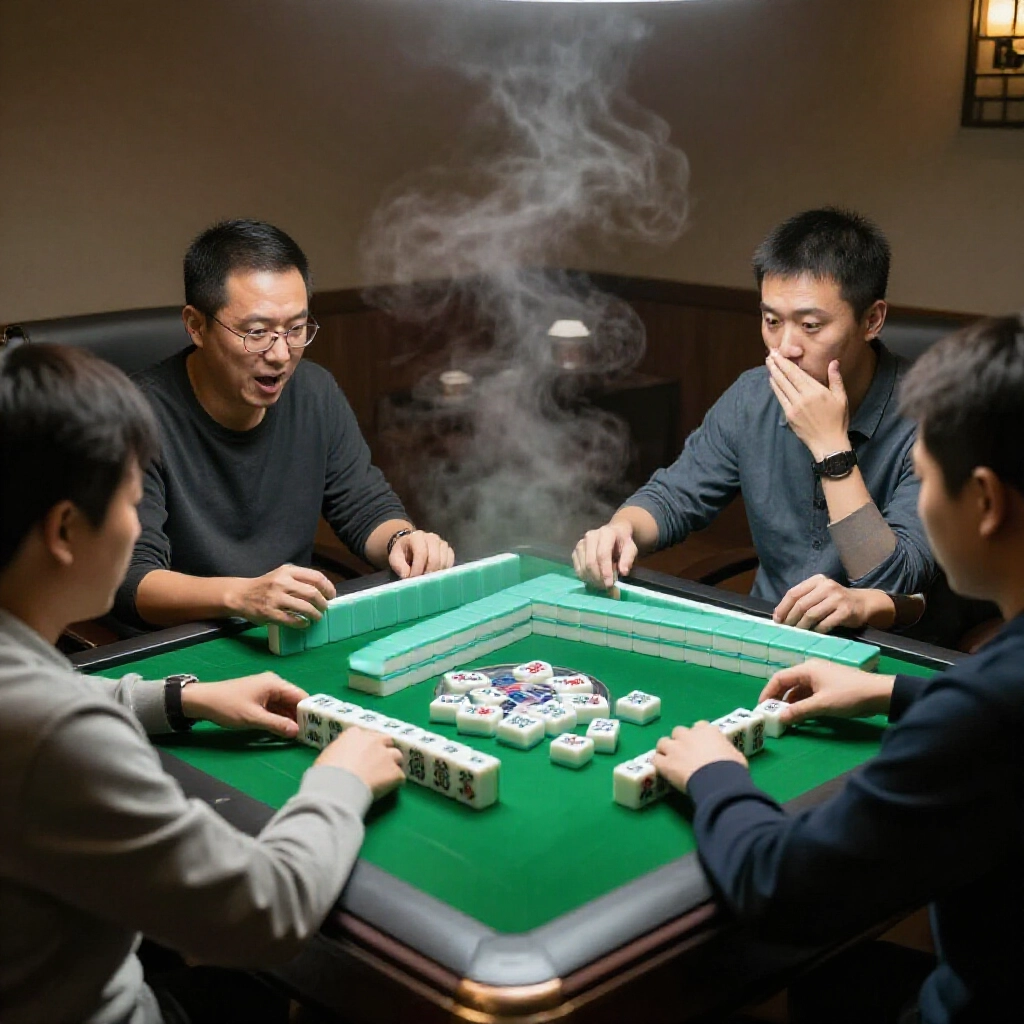 四位玩家圍麻將桌，一人驚訝數著16張牌，綠桌布下燈光昏暗，茶杯熱氣裊裊