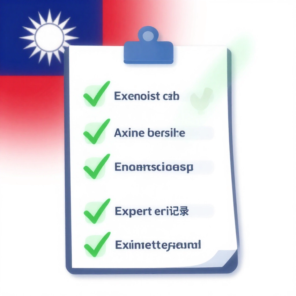 illustrative scene of checklist with seven green checkmarks representing exempted criminal records fading away on a clean white background with subtle Taiwanese flag elements and modern infographic style