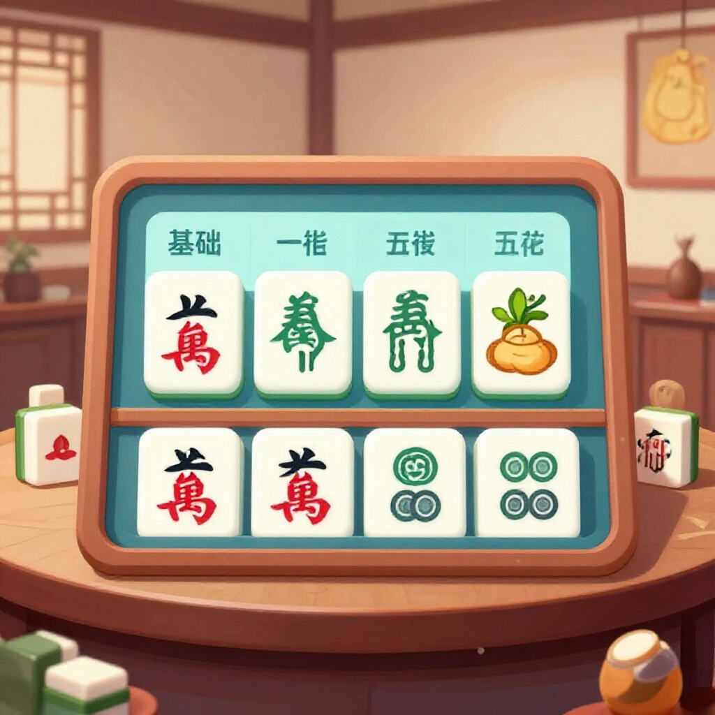 Digital illustration of mahjong score calculator showing base 4 tai for peng peng hu with bonus icons for zhuangjia self-mo and menqing in traditional Taiwanese room atmosphere