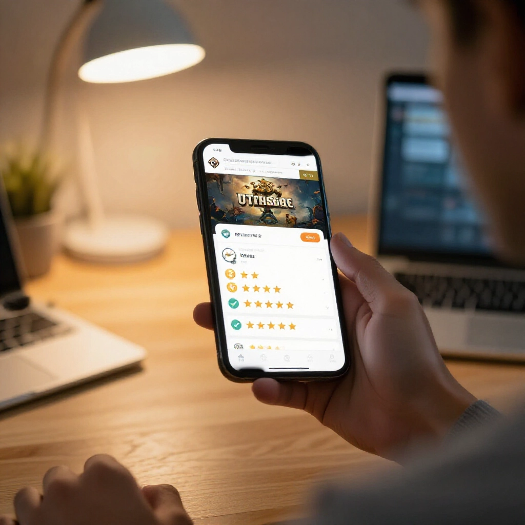 player smartphone interface checking merchant ratings on a treasure trading website with verification badges and positive review stars in a cautious home office setting warm desk lamp lighting