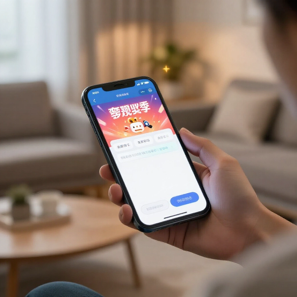 Person holding smartphone in modern living room transferring funds via banking app to virtual account for Taiwan sports lottery deposit with soft ambient lighting and digital glow effects