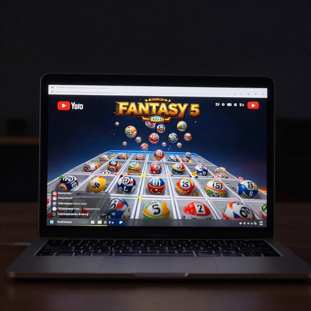 Modern laptop screen showing YouTube live stream of Fantasy 5 lottery balls dropping into slots with real time countdown timer and chat overlay in dark room