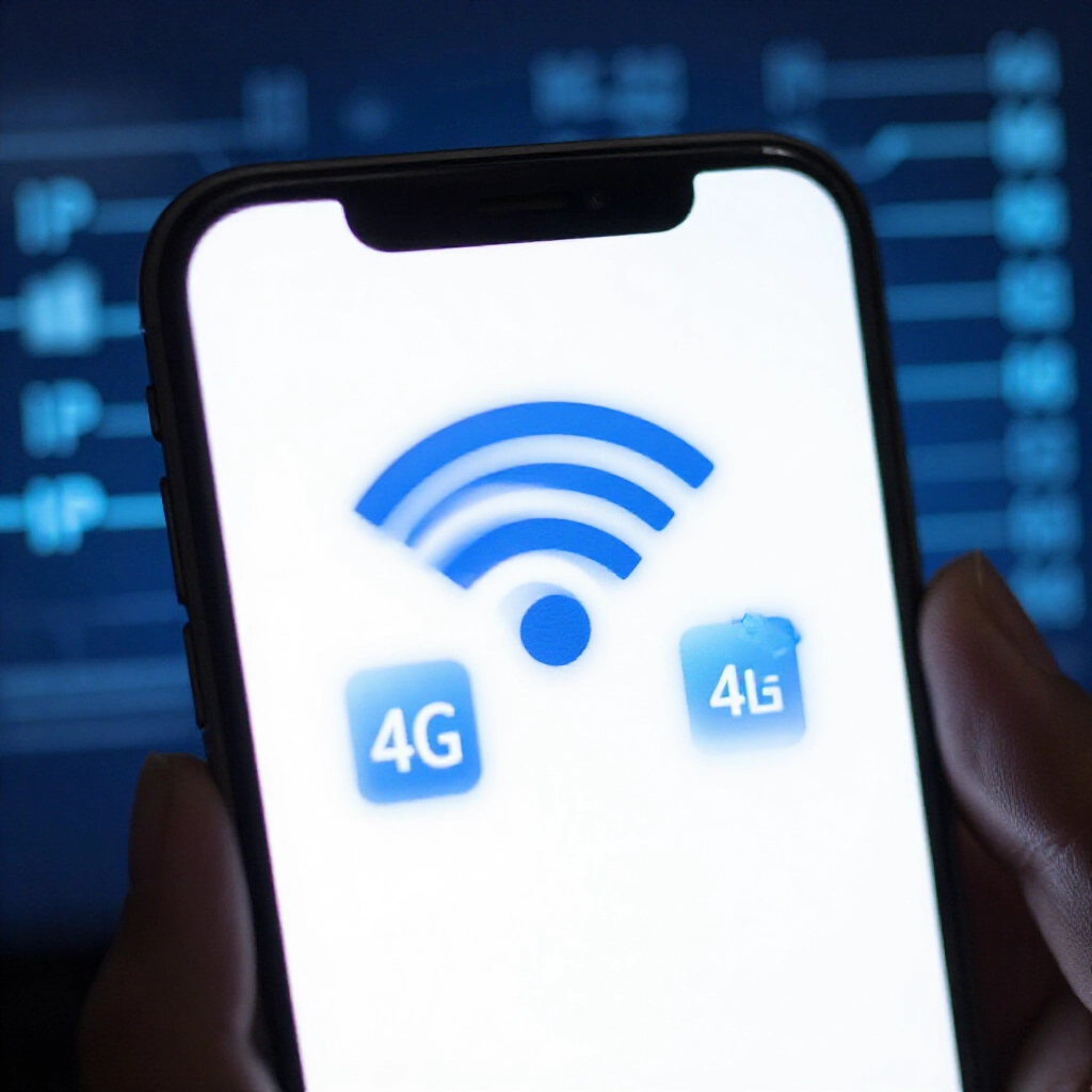 Mobile phone screen closeup showing WiFi and 4G icons switching rapidly with IP address icons shifting in background cyber blue tones