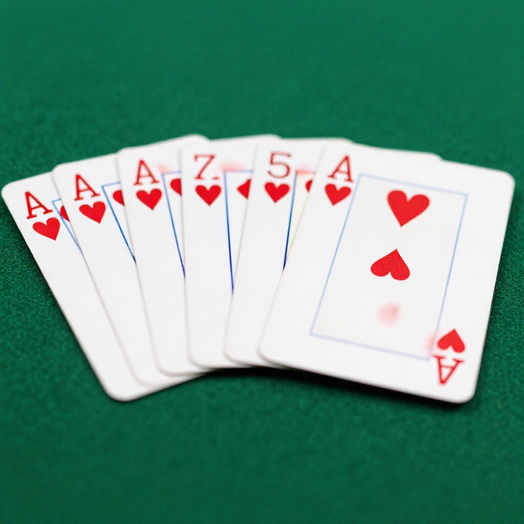 closeup comparison of poker hands on green felt table one straight flush in hearts from three to seven another four of a kind threes with ace kicker dramatic shadows highlighting card suits and ranks tense competitive atmosphere