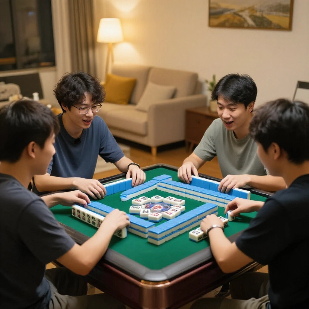 三位台灣玩家在溫馨客廳麻將桌邊興奮對戰，無萬牌快速遊戲，牌色鮮豔，暖光照明，臉上策略表情