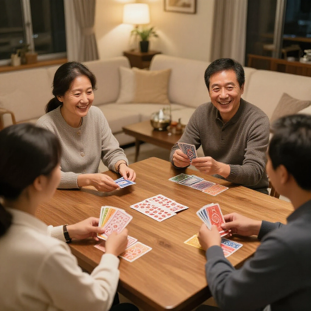 Taiwanese family gathering in cozy living room four players seated around wooden table dealer distributing colorful four color cards banker holding twenty one cards others twenty warm ambient lighting joyful anticipation on faces