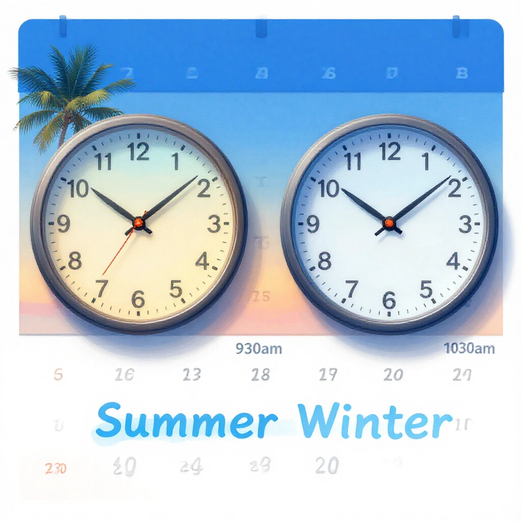 Split calendar illustration displaying summer and winter clocks for Taiwan and California time zones with 930am and 1030am markers in blue Pacific sunset tones