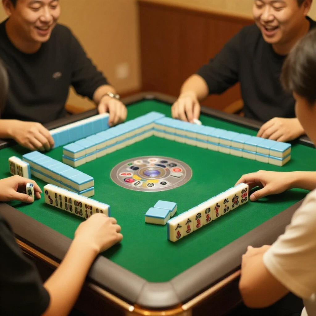 台灣麻將桌,四人玩到一玩家興奮自摸胡門清牌,沒吃碰,全綠氈面,溫暖燈光,歡樂氛圍