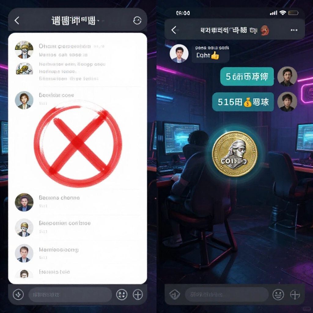 分屏畫面，一邊是官方遊戲條款禁現金交易，另一邊是網咖霓虹燈下緊張氣氛的Line聊天，幣商開出高匯率