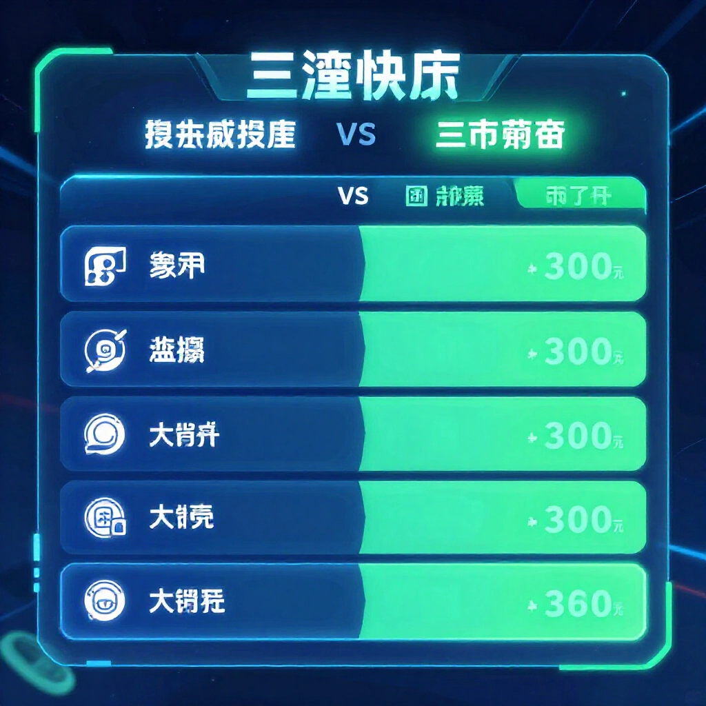數位螢幕上官方儲值與第三方幣商匯率比較圖,帶台幣符號和遊戲圖示,以藍綠霓虹色調呈現