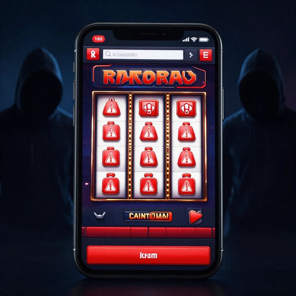 smartphone screen showing fake slot game crack download page with red warning icons and shadowy hacker figures in dark background