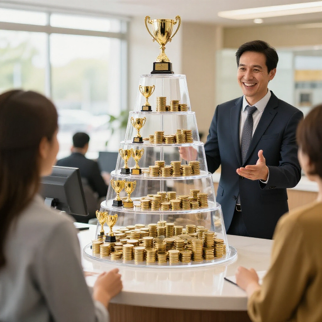 清晰獎項等級表以金色獎盃與金幣堆圖示，微笑顧問向新玩家示意在歡迎銀行大廳，明亮自然日光歡樂氛圍