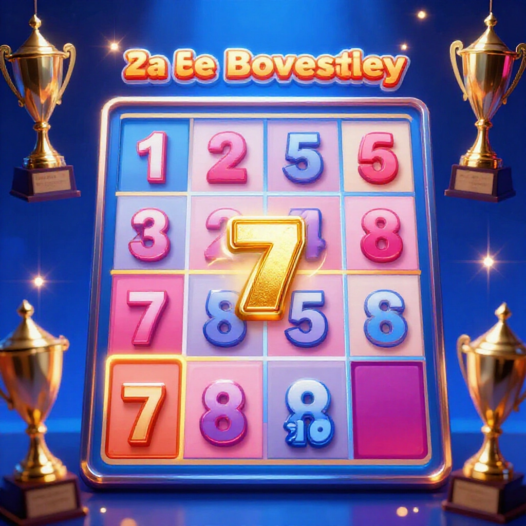 Vibrant lottery chart displaying numbers one to eight in second zone with special golden number highlighted surrounded by jackpot trophies and sparkling lights in dark blue atmosphere