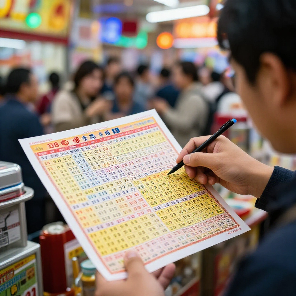 Taiwanese lottery player selecting three numbers from 01 to 39 on a vibrant 39乐合彩 ticket at a bustling betting station with colorful lights and excited atmosphere