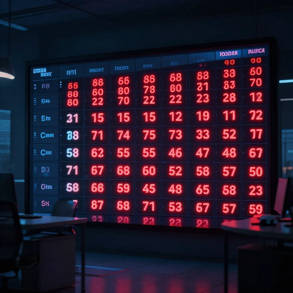 Digital dashboard displaying colorful lottery number charts with glowing red cold numbers isolated on dark background evoking mystery and analysis in a modern office at night