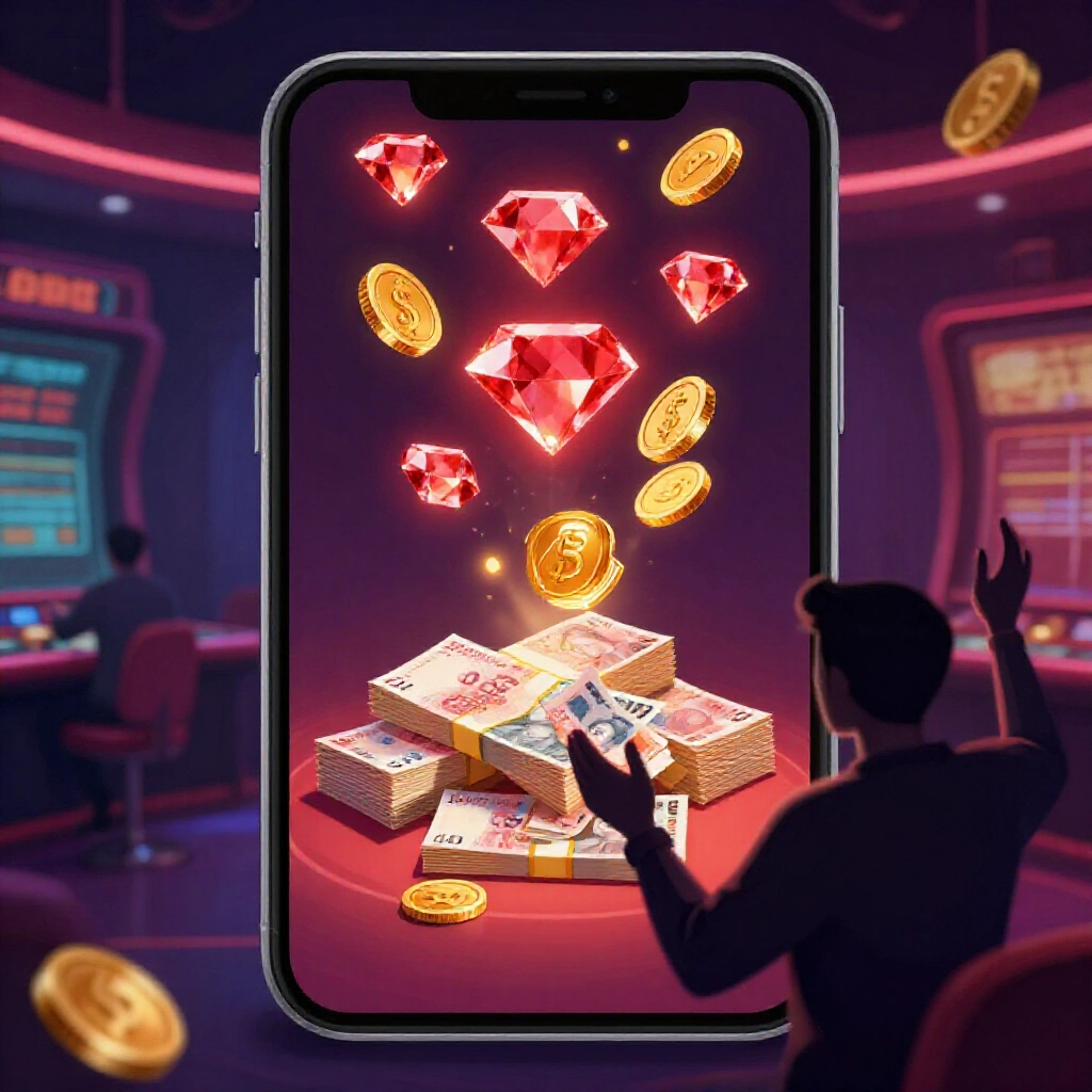 遊戲畫面中紅鑽和金幣飛向台幣堆疊,玩家身影在昏暗賭場中興奮兌換虛擬貨幣