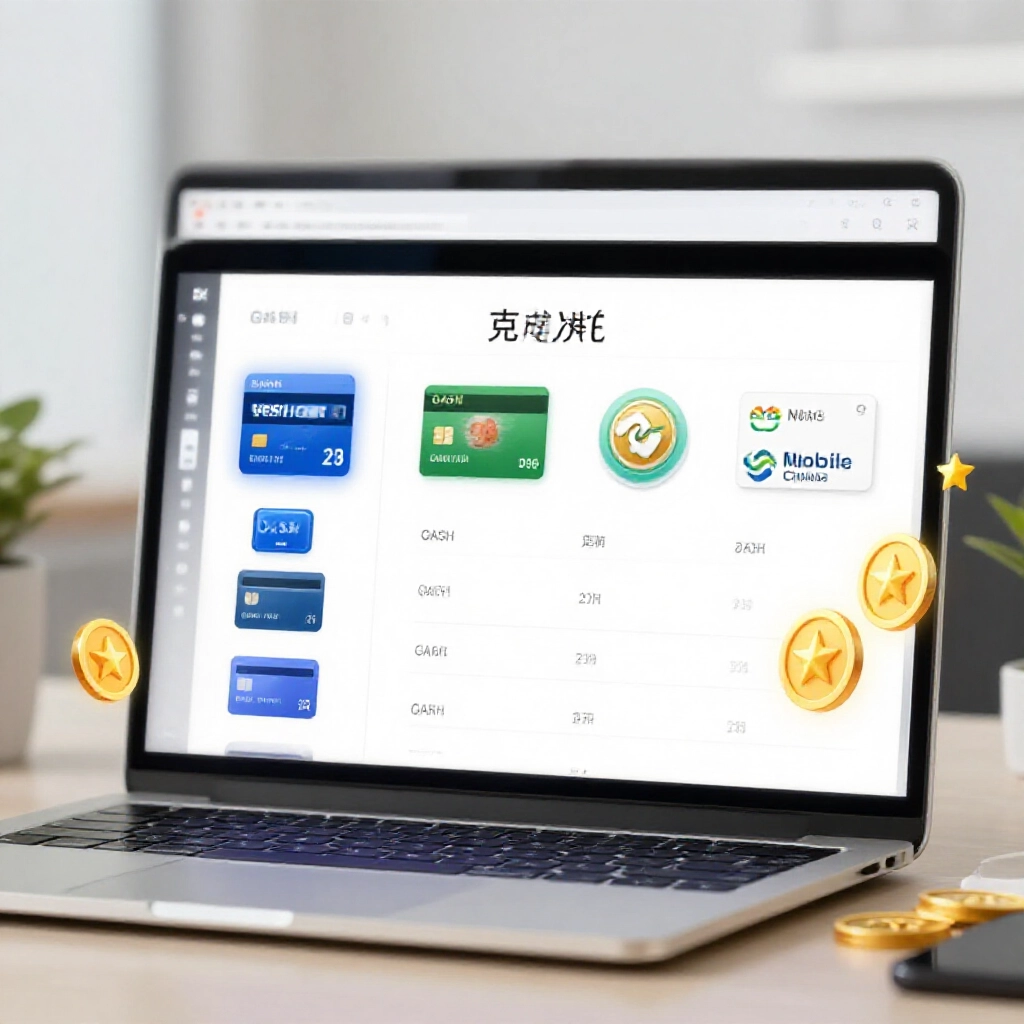 Clean tabular chart on a laptop screen displaying various recharge methods like GASH cards credit cards and mobile payments with star coins icons floating nearby in a modern office setting
