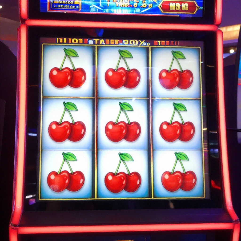 vibrant casino slot machine with big red cherry symbols aligning for jackpot spin under bright neon lights