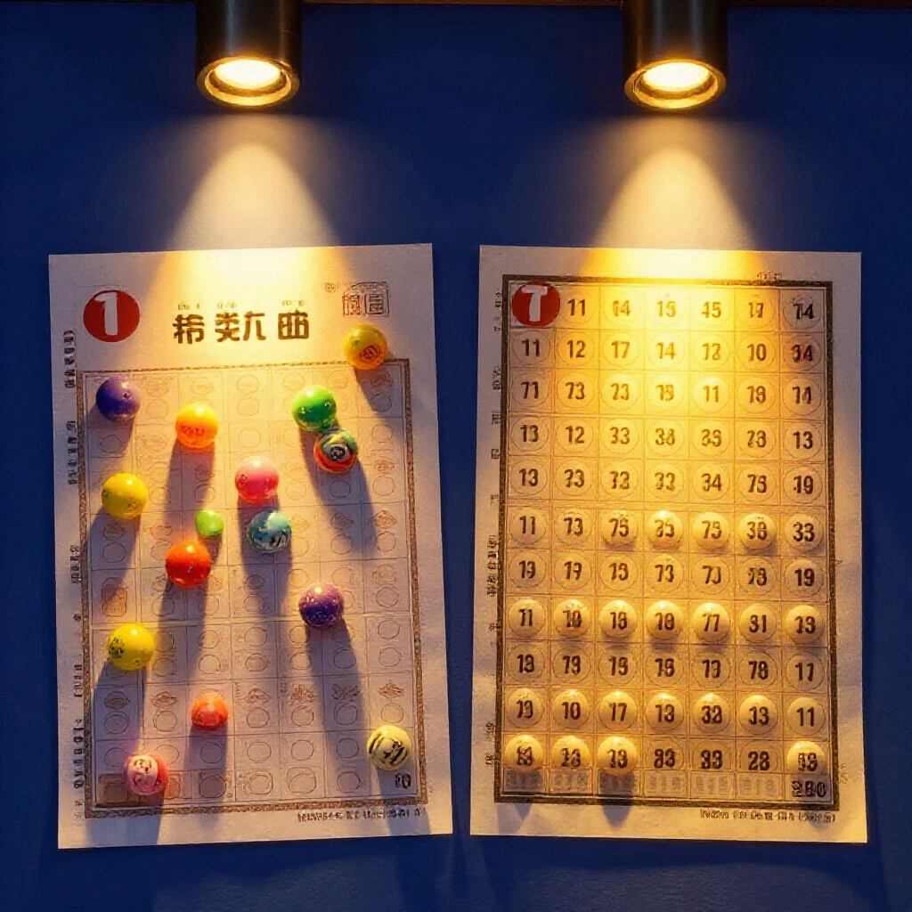 兩種樂透彩票在聚光燈下發光的生動比較,一張散布彩色球代表今彩 539,另一張整齊數字群在溫暖金光中,深藍背景喚起台灣樂透店的熱鬧興奮氛圍