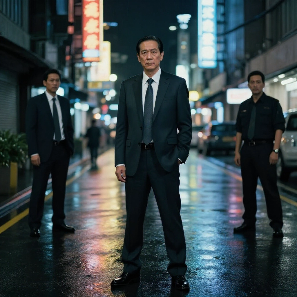 stern middleaged taiwanese man in dark suit standing confidently on rainy taichung city street at night neon lights reflecting authority and shadowy gangster presence