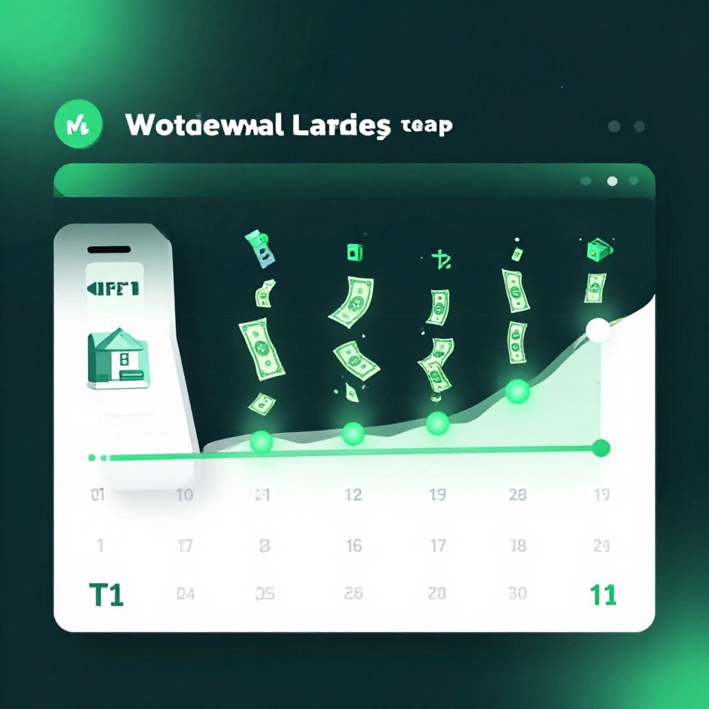 Calendar showing weekday withdrawal timeline with money icons flowing from app to bank account graph depicting T1 processing speed in professional financial dashboard style vibrant greens