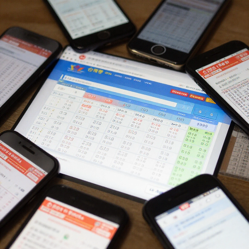 closeup view of digital screen displaying fresh 539 winning numbers and fall ball sequence on Taiwan lottery website surrounded by mobile phones checking tickets in real time