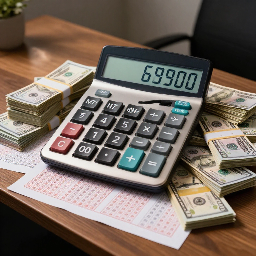 giant calculator displaying 699 million dollars surrounded by stacks of 50 dollar bills and lottery combination formulas on a wooden desk in dim office light